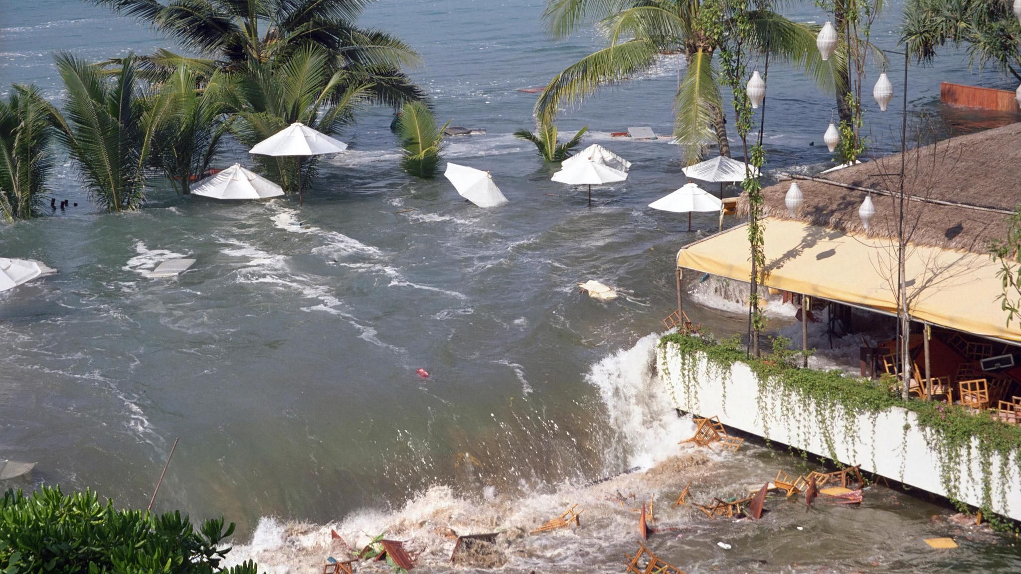 Der Tsunami reißt Möbel und Menschen mit sich