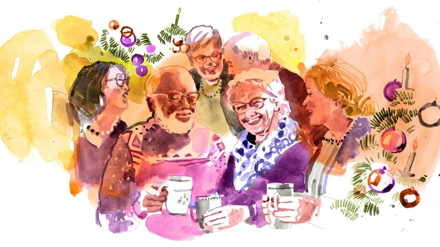 Illustration von Menschen die zusammen Weihnachten feiern