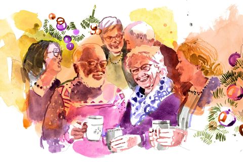 Illustration von Menschen die zusammen Weihnachten feiern