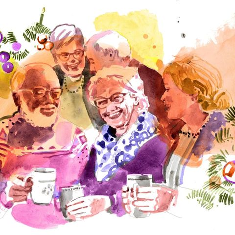 Illustration von Menschen die zusammen Weihnachten feiern