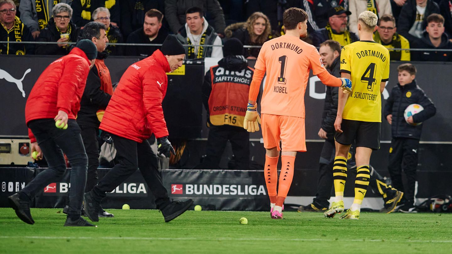 Kampf gegen Investoren Ordner entfernen bei einem Dortmund-Spiel Tennisbälle vom Spielfeld