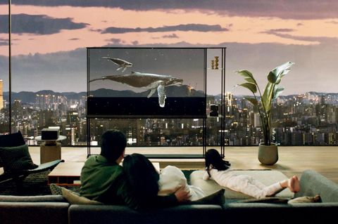 Eine Familie sitzt vor dem durchsichtigen LG-Fernseher, der Blauwale zeigt