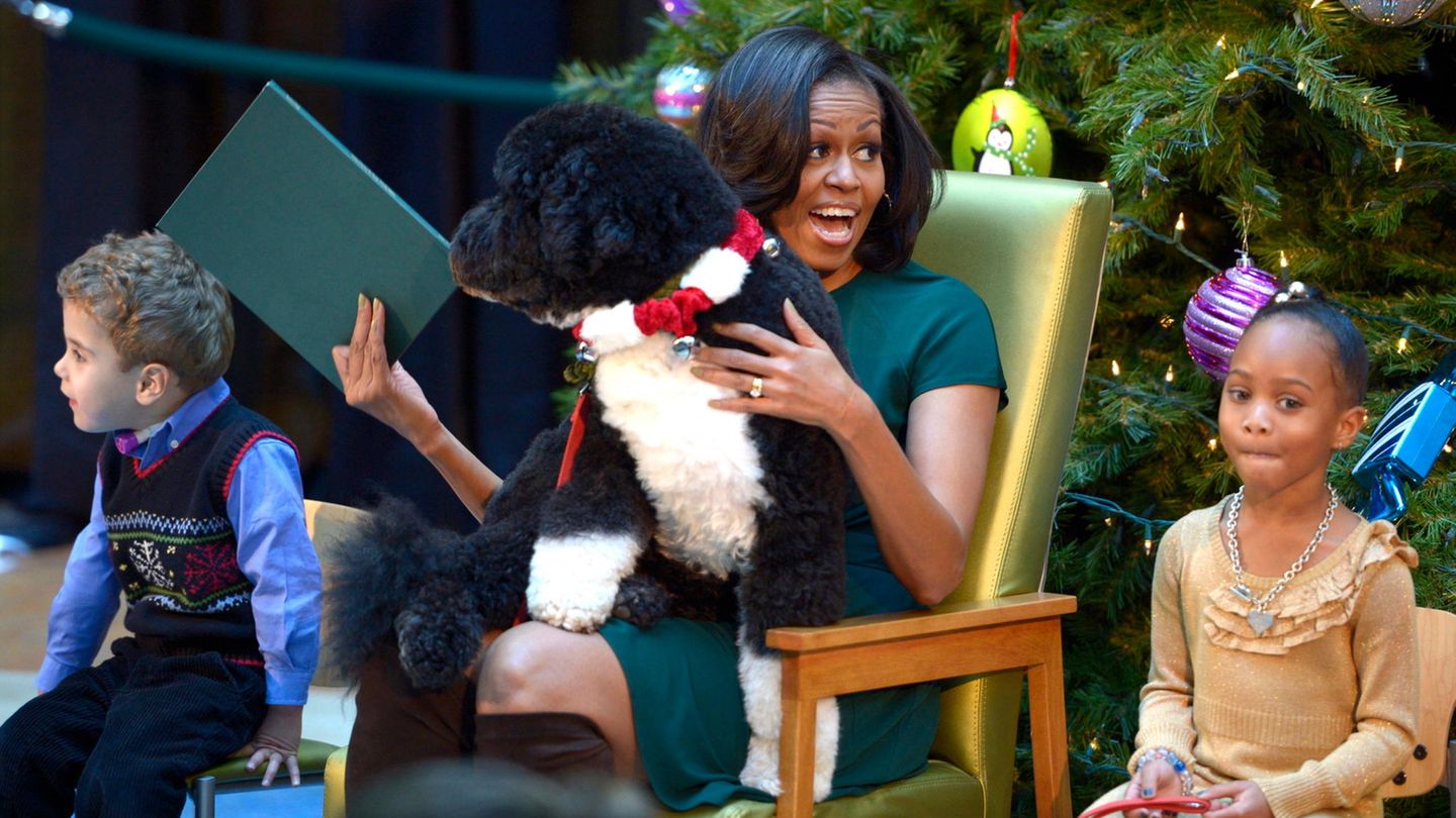 Michelle Obama mit Hund Bo auf dem Schoß