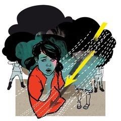 Illustration: Kind mit Atemnot und eine Gewitterwolke