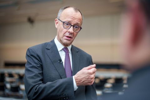 Friedrich Merz trägt Anzug und Krawatte und gestikuliert