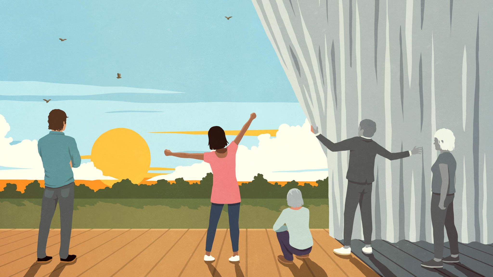 Illustrationen von Menschen, die Richtung Horizont (Zukunft) blicken