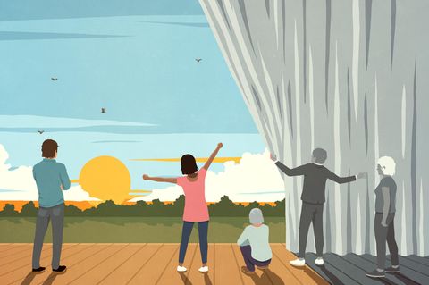 Illustrationen von Menschen, die Richtung Horizont (Zukunft) blicken