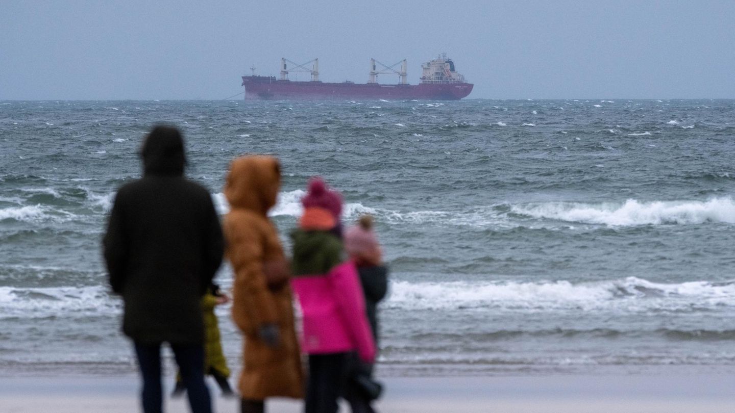 Zwei Erwachsene und zwei Kinder schauen bei viel Wind am Strand von Warnemünde auf die Ostsee