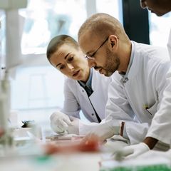 Forscher diskutieren in einem Labor