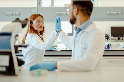 Zwei Kollegen in einem Chemielabor