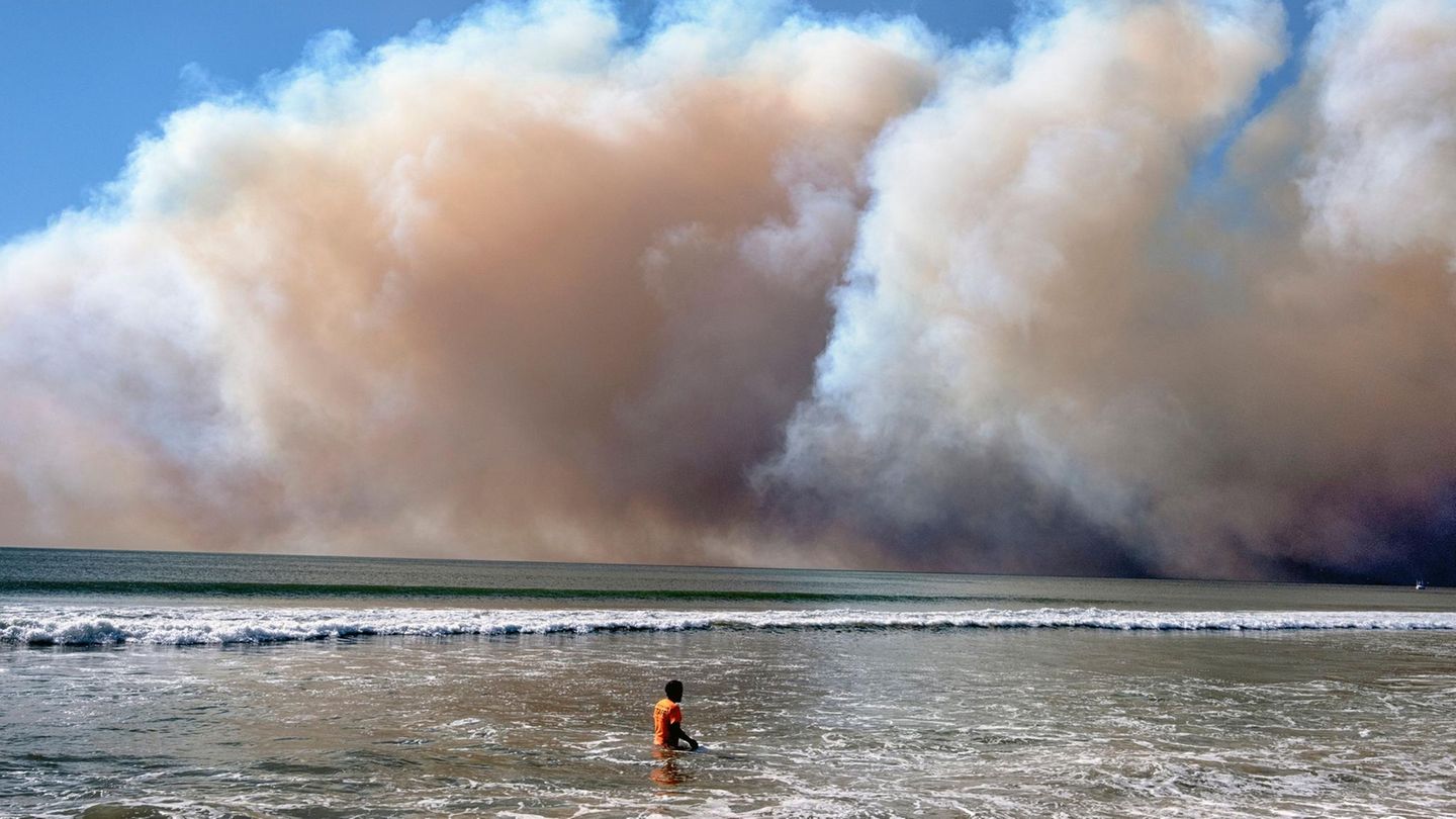 Es wirkt surreal: Während im benachbarten Santa Monica die Menschen noch im Pazifik schwimmen, breitet sich der Rauch des Feuers über dem Ozean aus