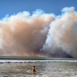 Es wirkt surreal: Während im benachbarten Santa Monica die Menschen noch im Pazifik schwimmen, breitet sich der Rauch des Feuers über dem Ozean aus