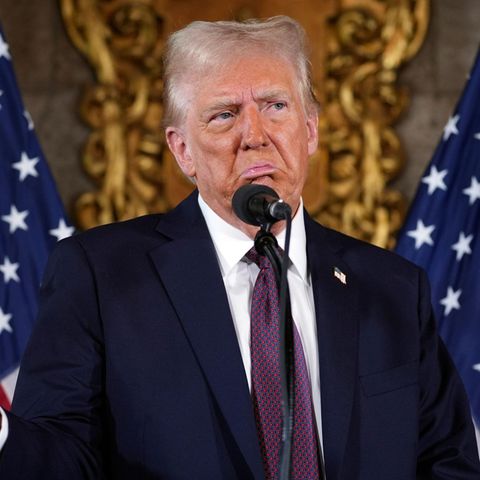 Donald Trump speaks during a press conference at Mar-a-Lago