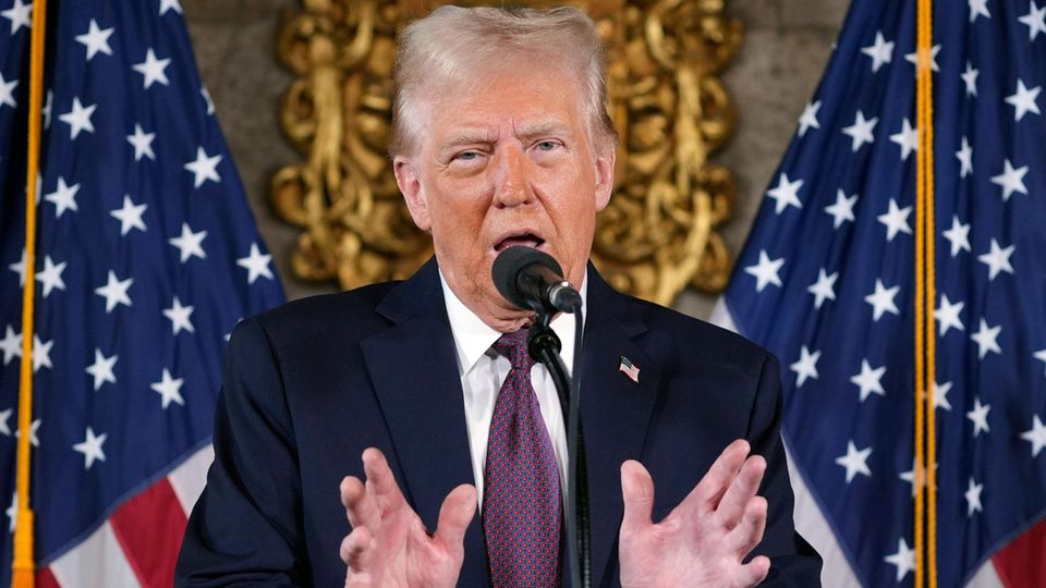 Der designierte US-Präsident Donald Trump spricht auf einer Pressekonferenz in ein Mikrofon