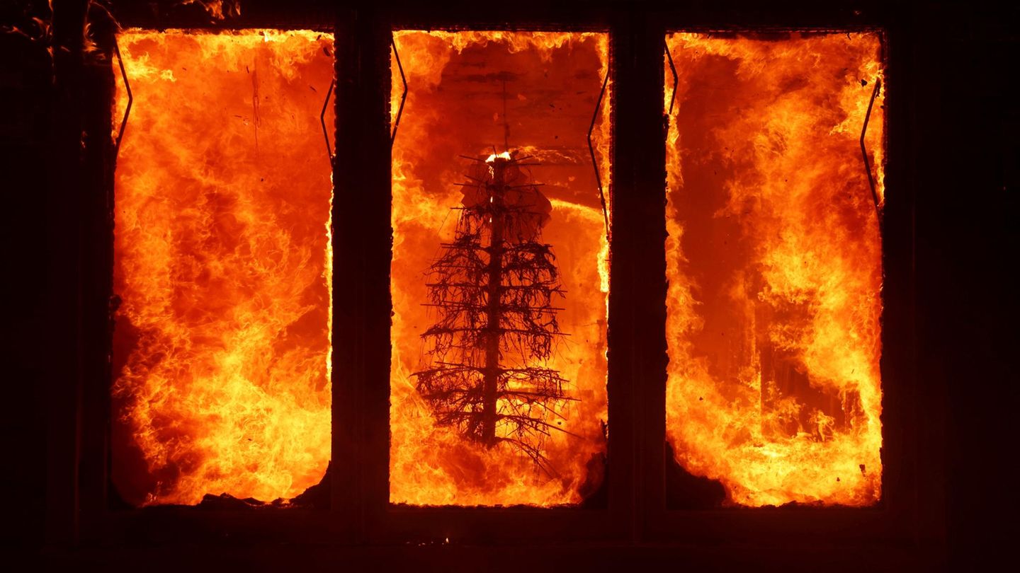 Oh Tannenbaum: Ein Weihnachtsbaum steht in den Flammen eines Hauses. Zehntausende Gebäude wurden bei den Bränden bislang zerstört