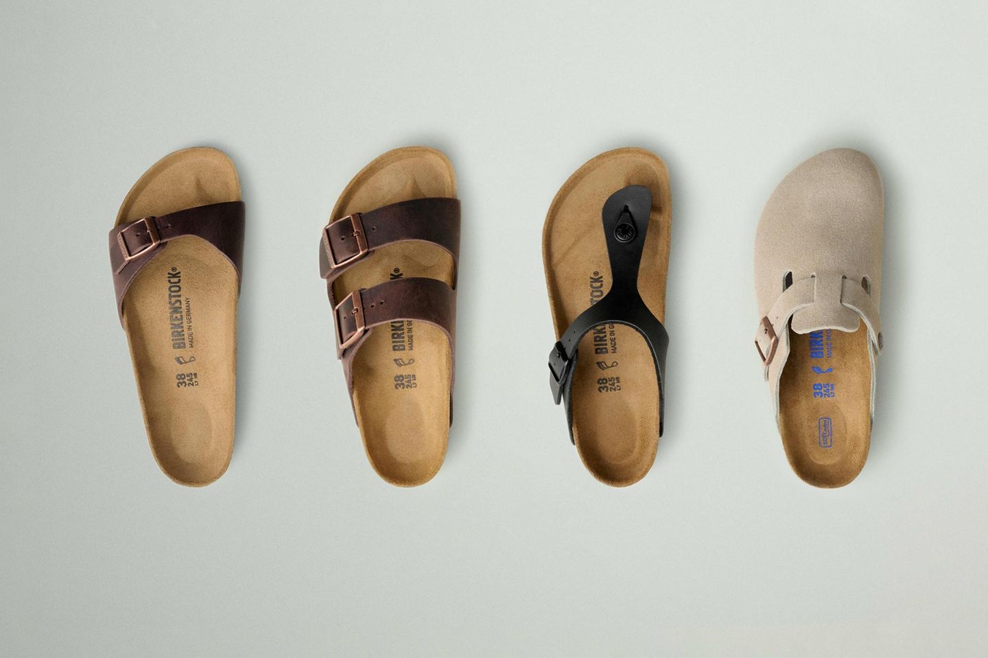 Birkenstock-Modelle "Madrid", "Arizona", "Gizeh" und "Boston" (v.l.n.r.)