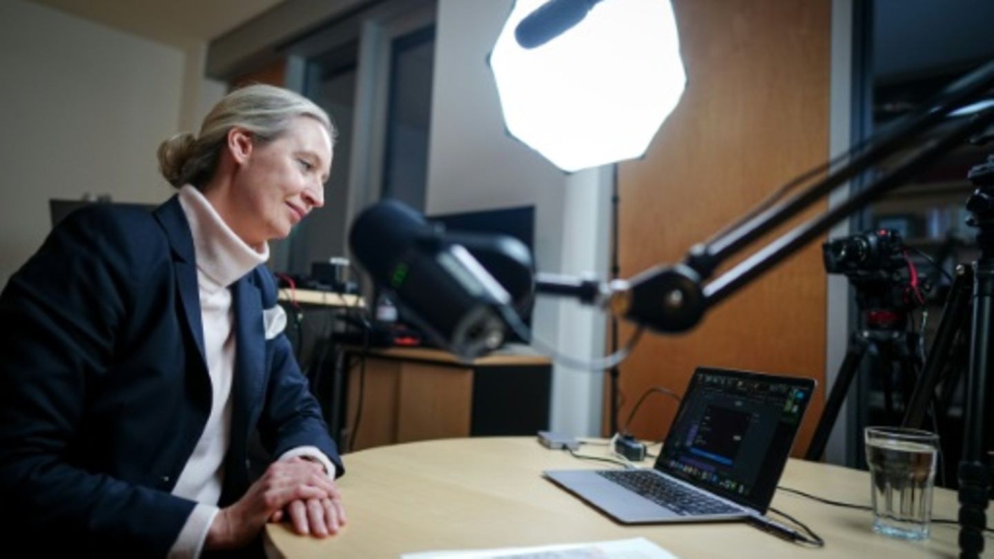 Weidel in ihrem Berliner Büro kurz vor dem Live-Gespräch mit Musk