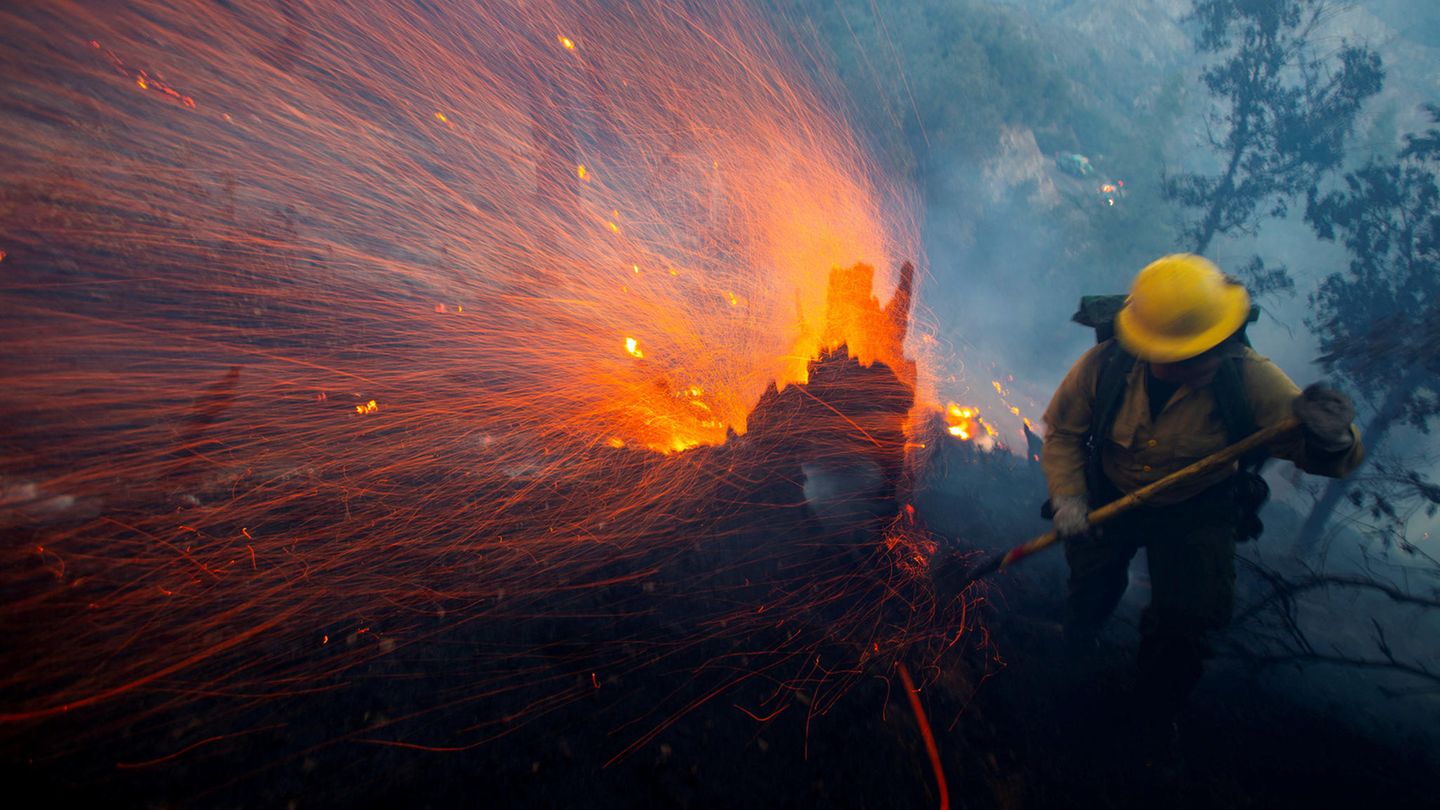 Altadena, USA. Ein Feuerwehrmann stemmt sich gegen die Flammen im Angeles National Forest. Doch der Wind trägt immer wieder neue Glut in das Gebiet am Mount Wilson im nördlichen Großraum von Los Angeles. Mindestens zehn Menschen sind bisher im Zuge der Waldbrände in Kalifornien ums Leben gekommen