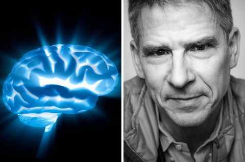 Eine Illustration eines strahlenden Gehirns steht neben dem Porträt von Christof Koch
