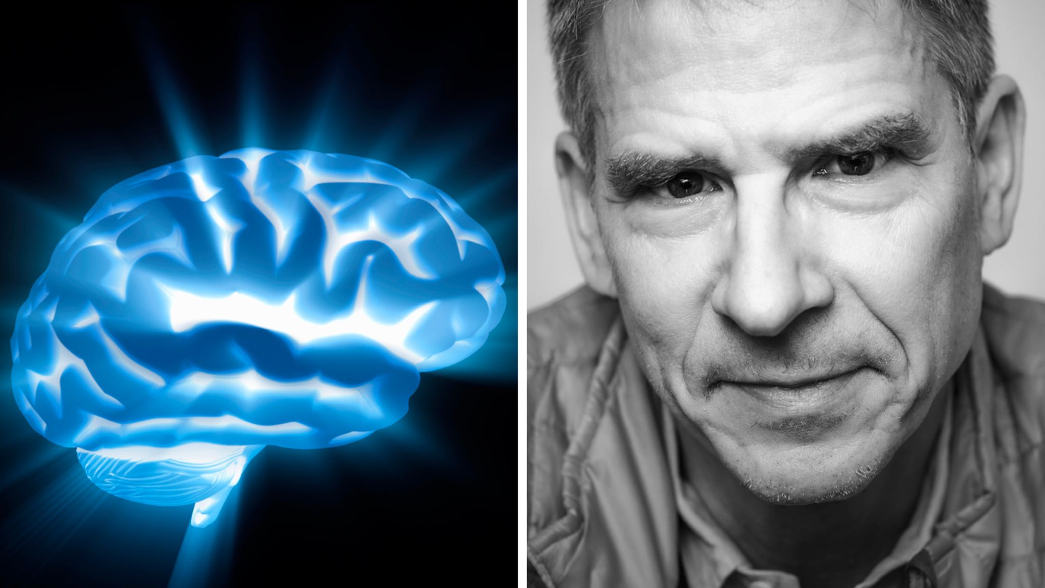 Eine Illustration eines strahlenden Gehirns steht neben dem Porträt von Christof Koch