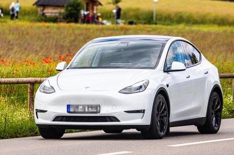 Weißer Tesla Model Y auf einem Parkplatz an einem Wald