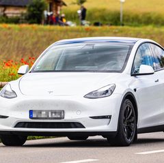 Weißer Tesla Model Y auf einem Parkplatz an einem Wald
