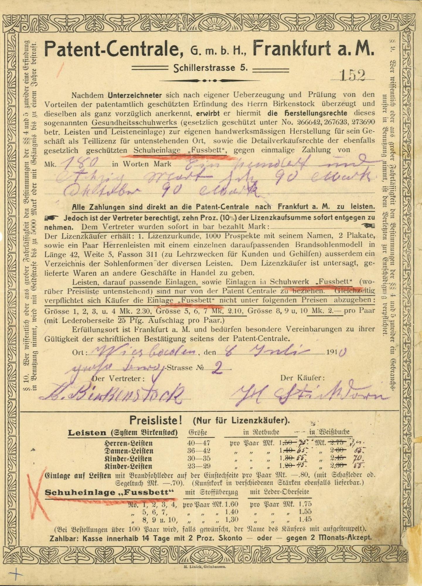 Patentschein von 1910 von Birkenstock