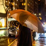 Eine Frau mit einem Regenschirm im dunkeln an einer Straße