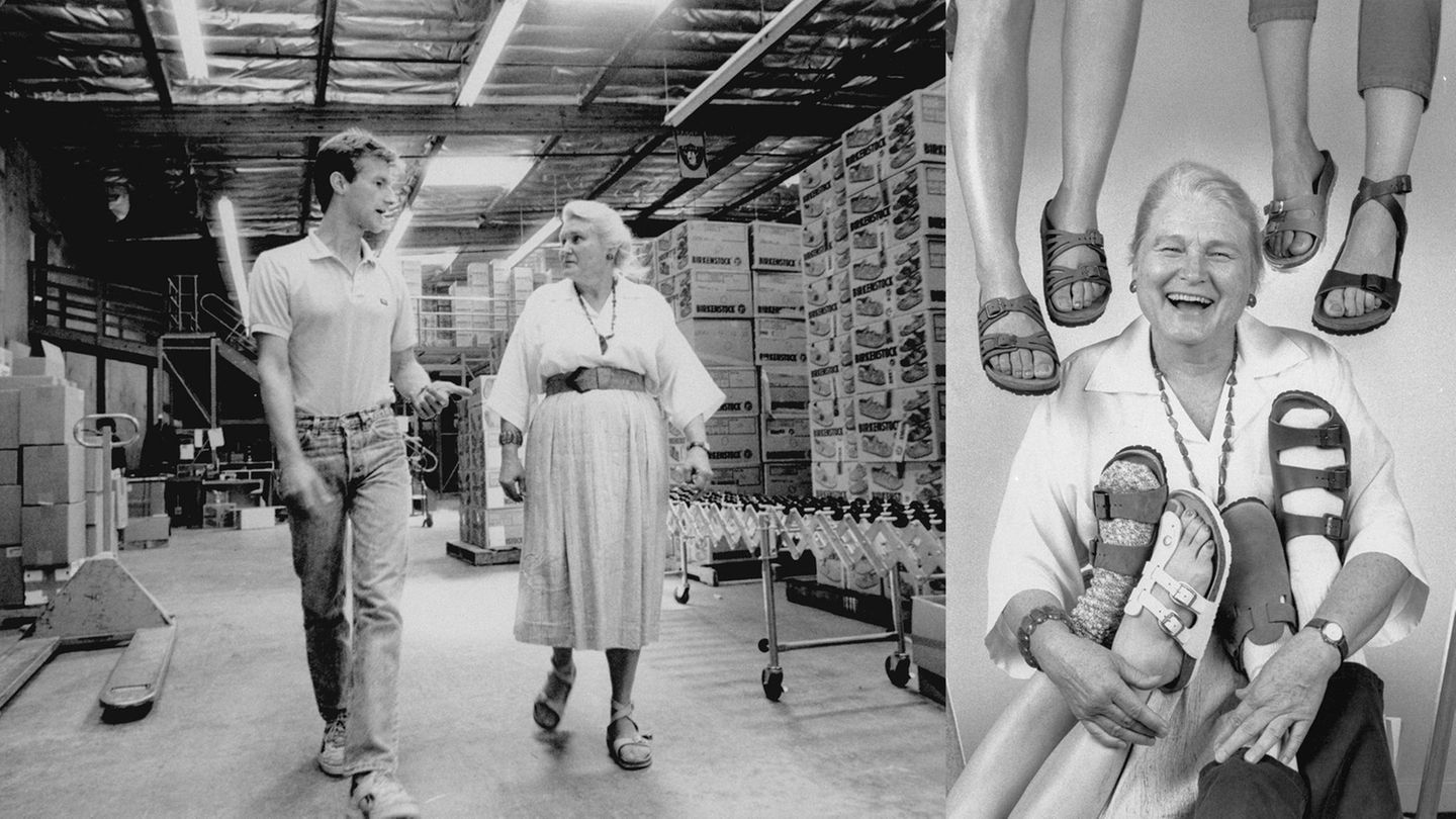 Collage aus zweier Bilder, die Margot Fraser, US-Importeurin von Birkenstock, in einer Lagerhalle mit Sandalen zeigen