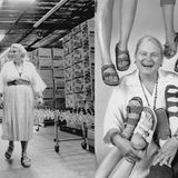 Collage aus zweier Bilder, die Margot Fraser, US-Importeurin von Birkenstock, in einer Lagerhalle mit Sandalen zeigen