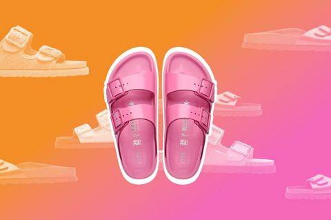 Montage aus Birkenstock-Modellen vor farbigem Hintergrund