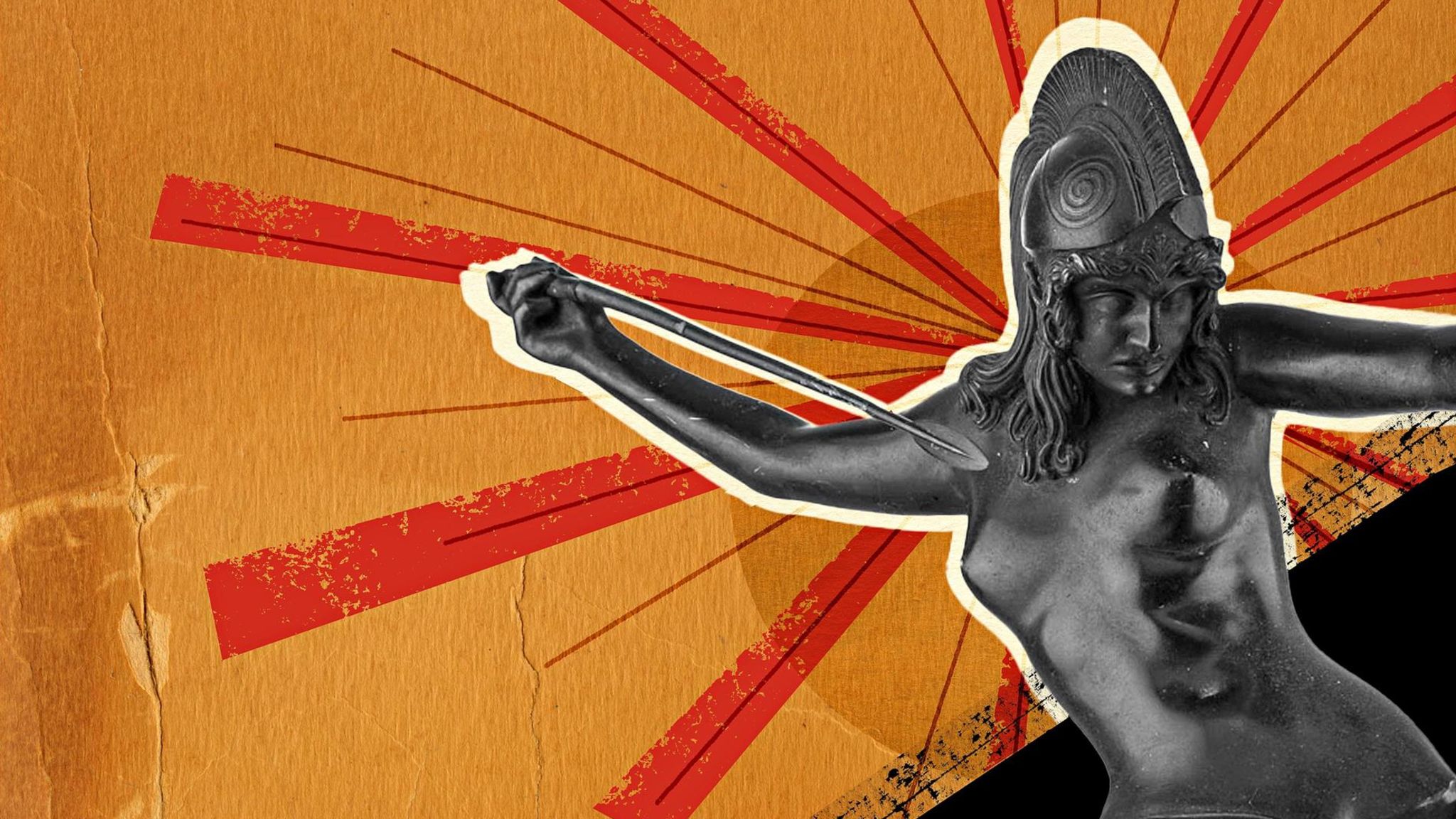 Statue einer speerschleudernden Amazone vor orangefarbenem Hintergrund