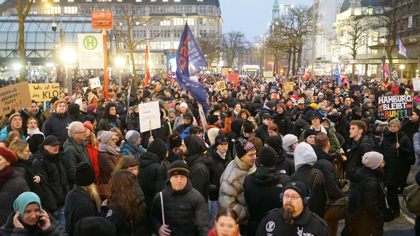AfD-Kanzlerkandidatin: Mehrere Tausend Menschen demonstrierten in der Hamburger Innenstadt gegen den Auftritt von Alice Weidel im Rathaus – und legten damit die Innenstadt lahm Mehrere Tausend Menschen demonstrierten in der Hamburger Innenstadt gegen den Auftritt von Alice Weidel im Rathaus – und legten damit die Innenstadt lahm