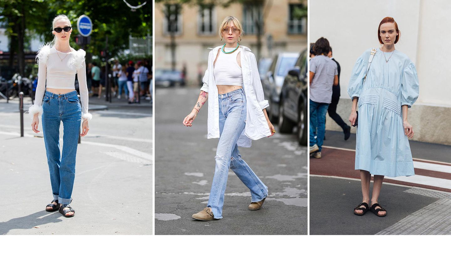 Collage aus drei Streetstyle-Bildern von Frauen mit Birkenstock-Sandalen