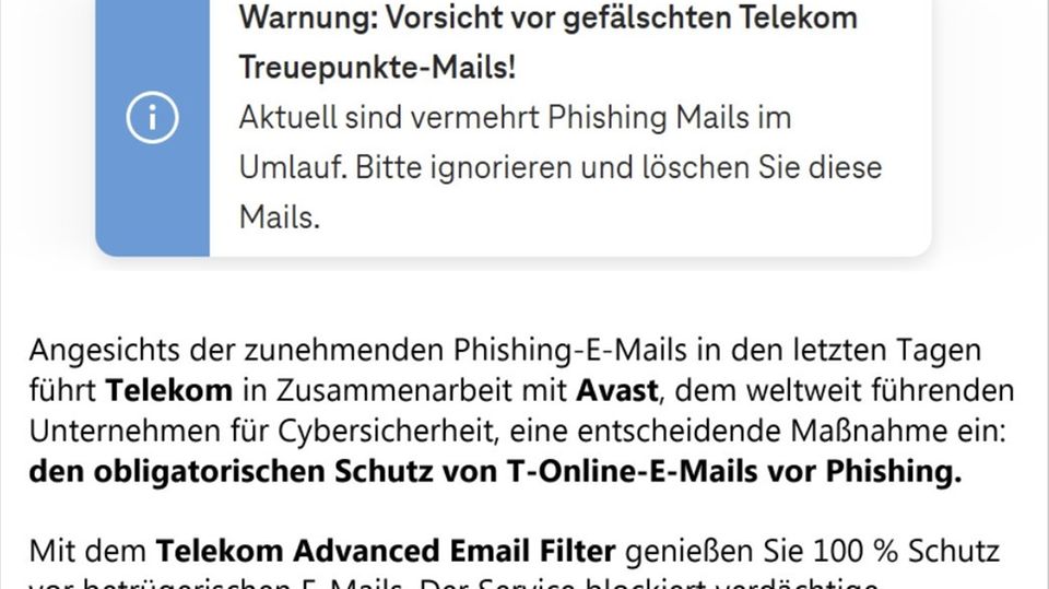 Beispiel der gefälschten E-Mail mit dem Vorwand "Schutz Ihres E-Mail-Postfachs"