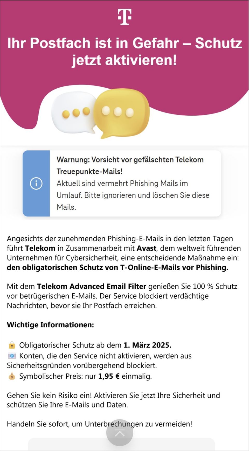 Beispiel der gefälschten E-Mail mit dem Vorwand "Schutz Ihres E-Mail-Postfachs"