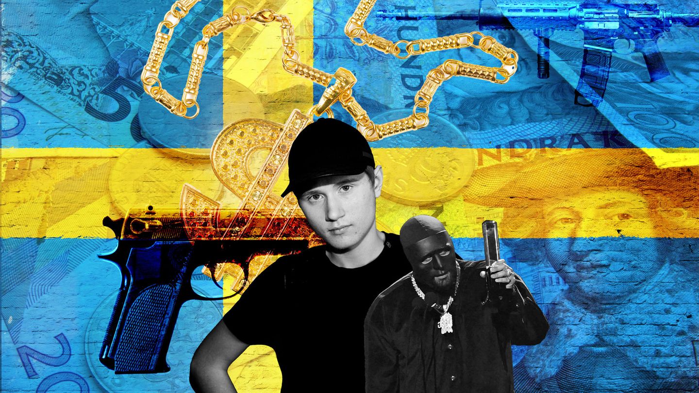 Collage von zwei erschossenen Rappern vor einer Flagge Schwedens mit Waffen