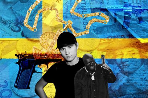 Collage von zwei erschossenen Rappern vor einer Flagge Schwedens mit Waffen