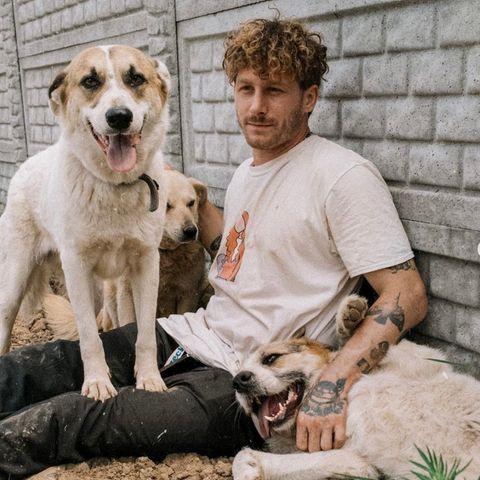 Malte Zierden sitzt mit Hunden auf dem Boden.