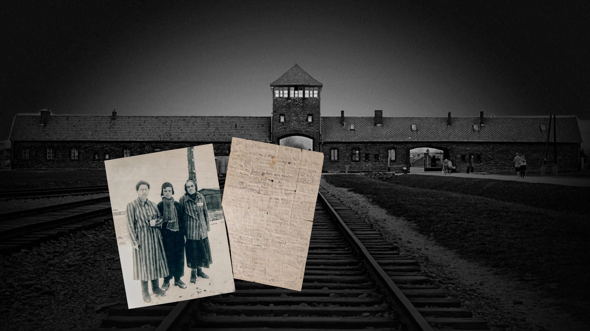 Links: Oleg Mandić, Mutter Nevenka und Großmutter Olga kurz nach der Befreiung von Auschwitz im Januar 1945. Den Brief ließ der Junge von der Infektionsstation ins Frauenlager schmuggeln
