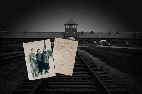 Links: Oleg Mandić, Mutter Nevenka und Großmutter Olga kurz nach der Befreiung von Auschwitz im Januar 1945. Den Brief ließ der Junge von der Infektionsstation ins Frauenlager schmuggeln
