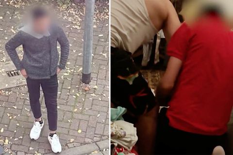 Private Videoaufnahmen zeigen den Rücken eines Mannes in einem roten T-Shirt. Er kniet auf den Boden und wendet Gewalt an