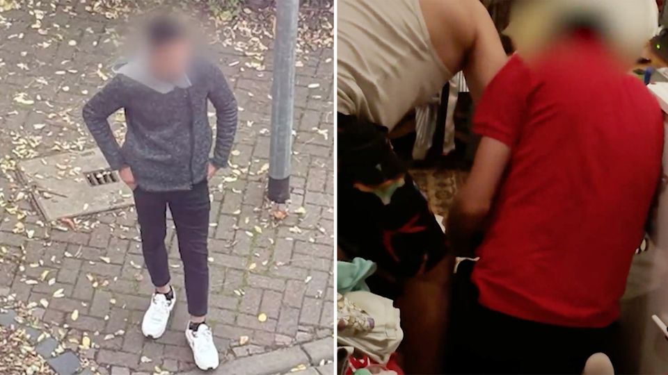 Private Videoaufnahmen zeigen den Rücken eines Mannes in einem roten T-Shirt. Er kniet auf den Boden und wendet Gewalt an