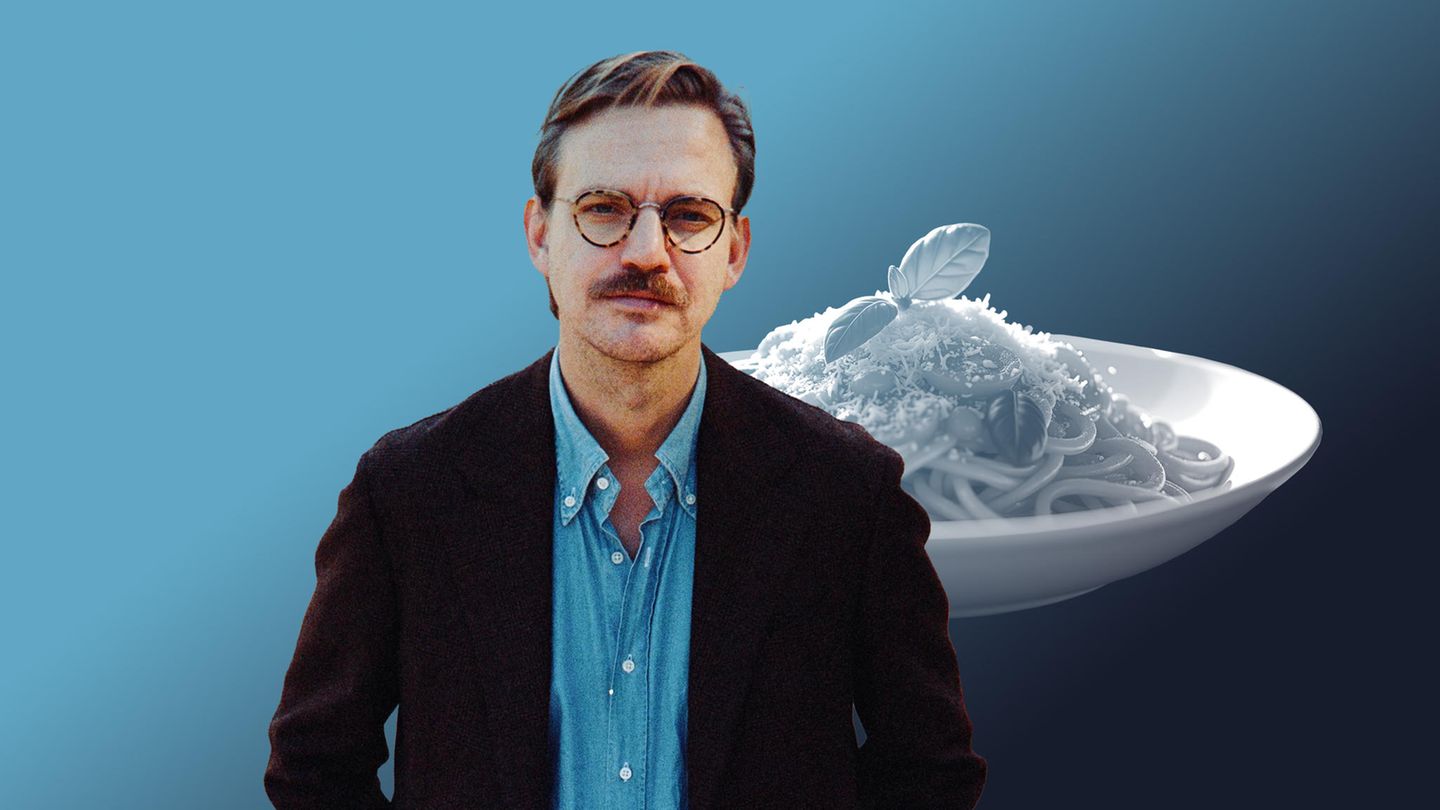 Montage von Sebastian Tigges vor einem Teller Spaghetti