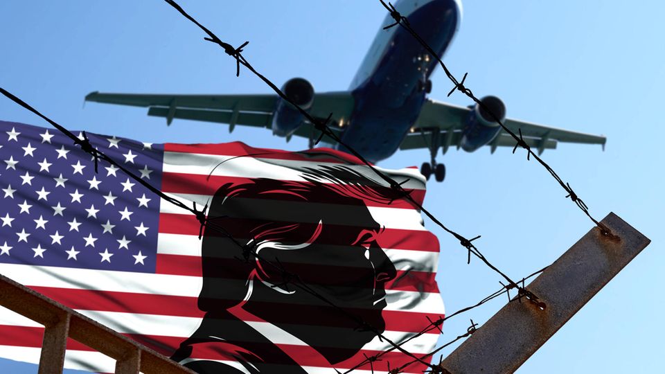 Auch Demokraten stimmen zu: US-Kongress billigt scharfes Gesetz gegen Migranten Eine amerikanische Flagge hinter einem Zaum zeigt das schwarze Seitenprofil von Donald Trump. Darüber fliegt ein Flugzeug