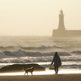 Diese Frau genießt am Strand von Tynemouth an Englands Ostküste die letzten Sonnenstrahlen mit ihrem Vierbeiner, bevor Éowyn das Meer noch weiter aufpeitscht