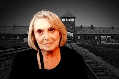 Berthe Spiegelstein in einer Bildmontage vor dem Konzentrationslage Auschwitz
