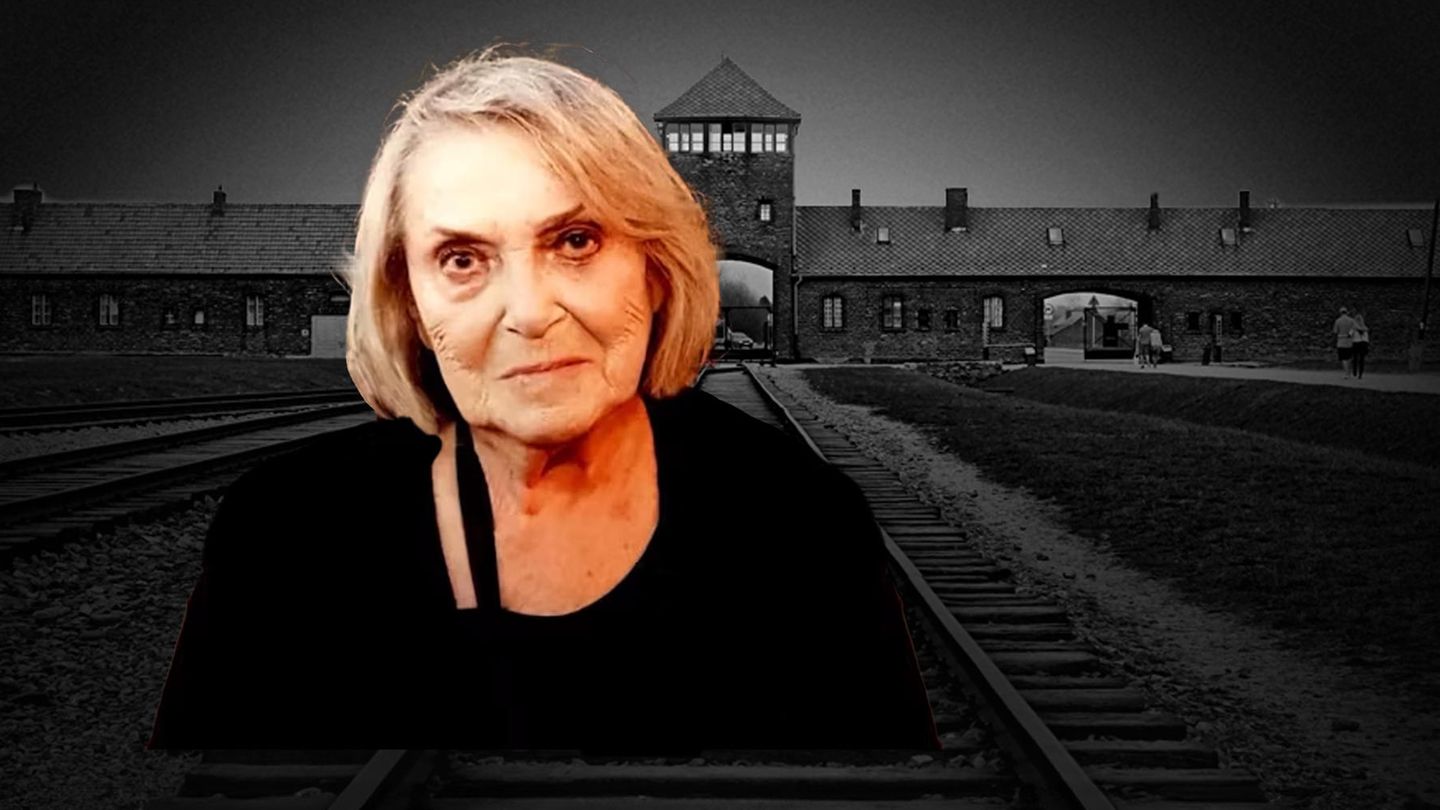 Berthe Spiegelstein in einer Bildmontage vor dem Konzentrationslage Auschwitz