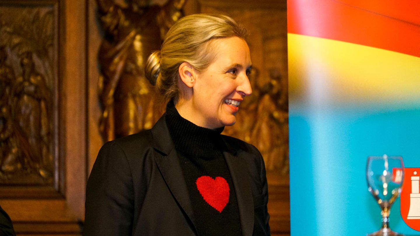 Alice Weidel trägt einen Pulli mit einem Herz-Symbol