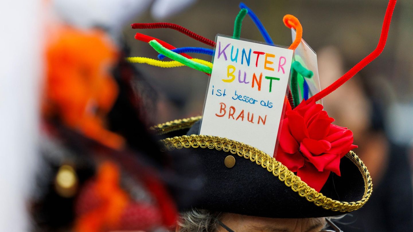 Eine Demonstrantin trägt einen Karnevalshut mit einem Schild "Kunterbunt ist besser als braun"